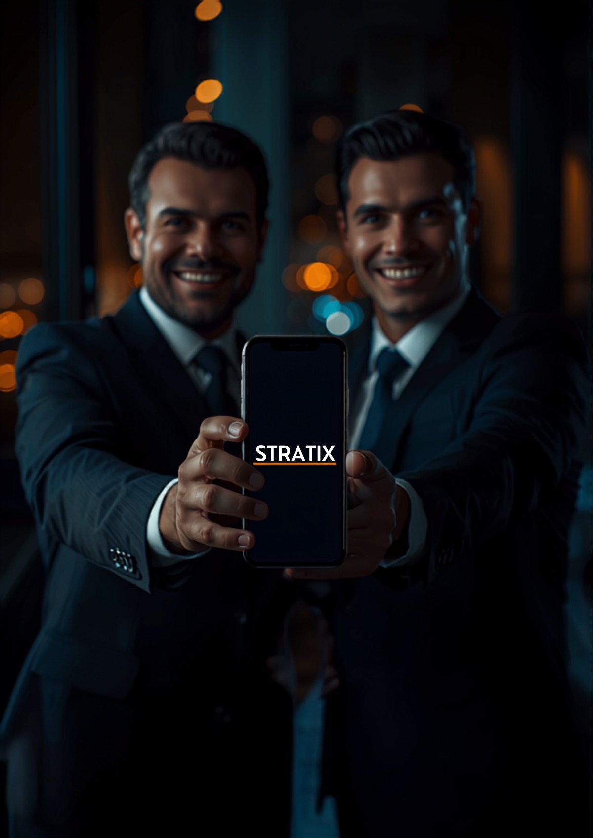 Dois empresários celebrando o fechamento de um contrato com o Stratix